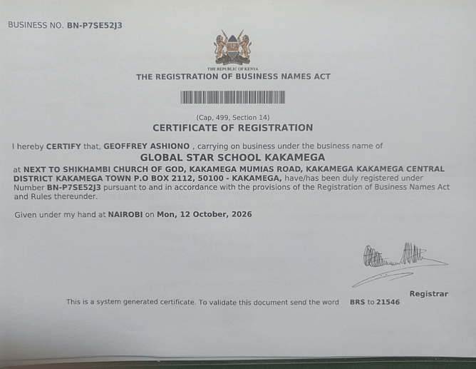 Certificate of Registration issued in Kenya on 12 October 2026, confirming the registration of Global Star School Kakamega as a business name under Geoffrey Ashiono.