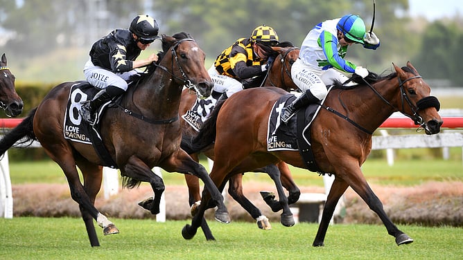 Coniston (outside) on his way to winning the Gr.2 James & Annie Sarten Memorial (1400m) at Te Rapa. - Photo: Kenton Wright (Race Images)
