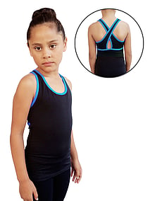 Tank style Jazz Singlet in Black with Cerise Edging on Sleeves and Crossed back