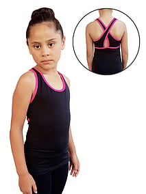 Tank style Jazz Singlet in Black with Raspberry Pink Edging on Sleeves and Keyhole back