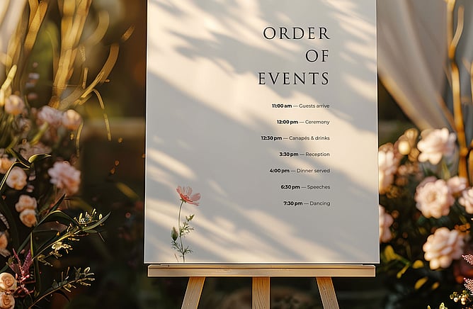 Personalised wedding order of events sign displayed at a wedding venue.
