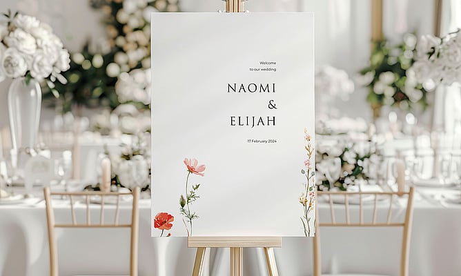 Personalised wedding welcome sign displayed at a wedding venue.
