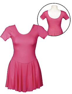 Short Sleeved Leotard Dress in Raspberry Pink with Lace Scooped Neck