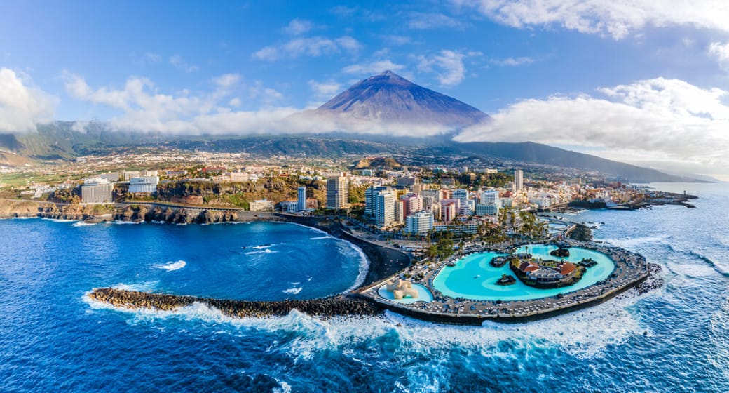 Mount Teide rising above Puerto de la Cruz on the north coast of Tenerife