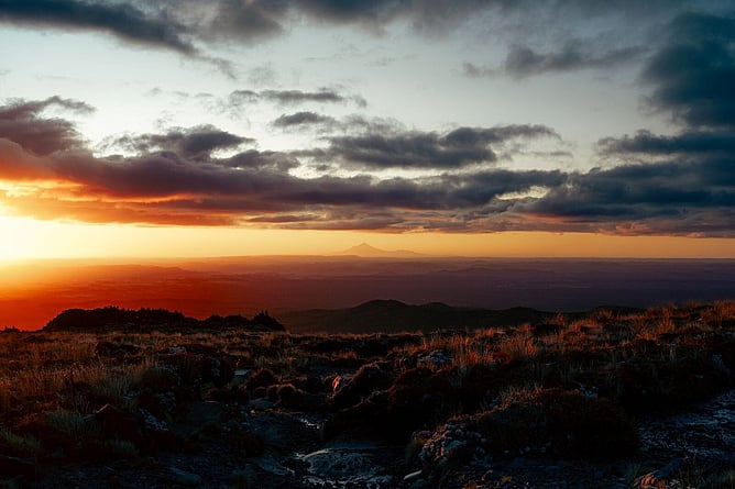 Dramatic evening view across to Mt Taranaki from the Turoa Skifield